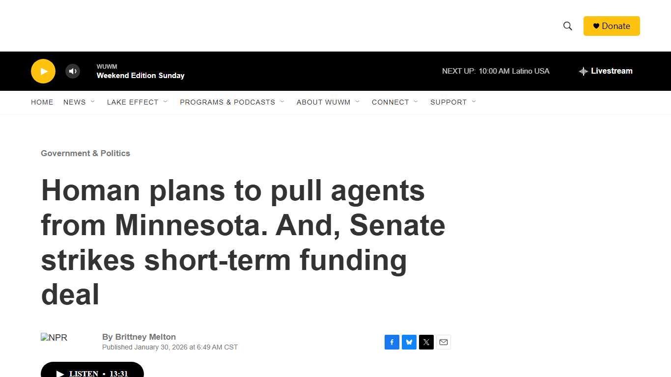 Homan plans to pull agents from Minnesota. And, Senate strikes short-term funding deal WUWM 89.7 FM - Milwaukee's NPR
