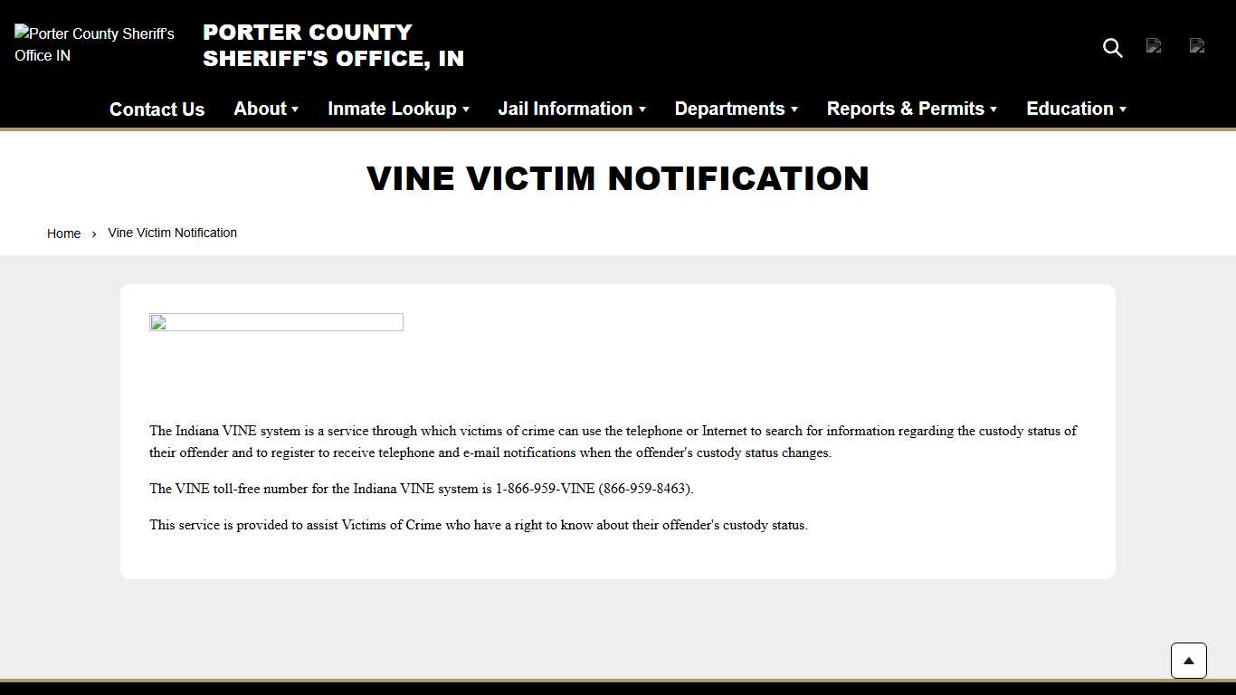 Vine Victim Notification Porter County Sheriff’s Office IN